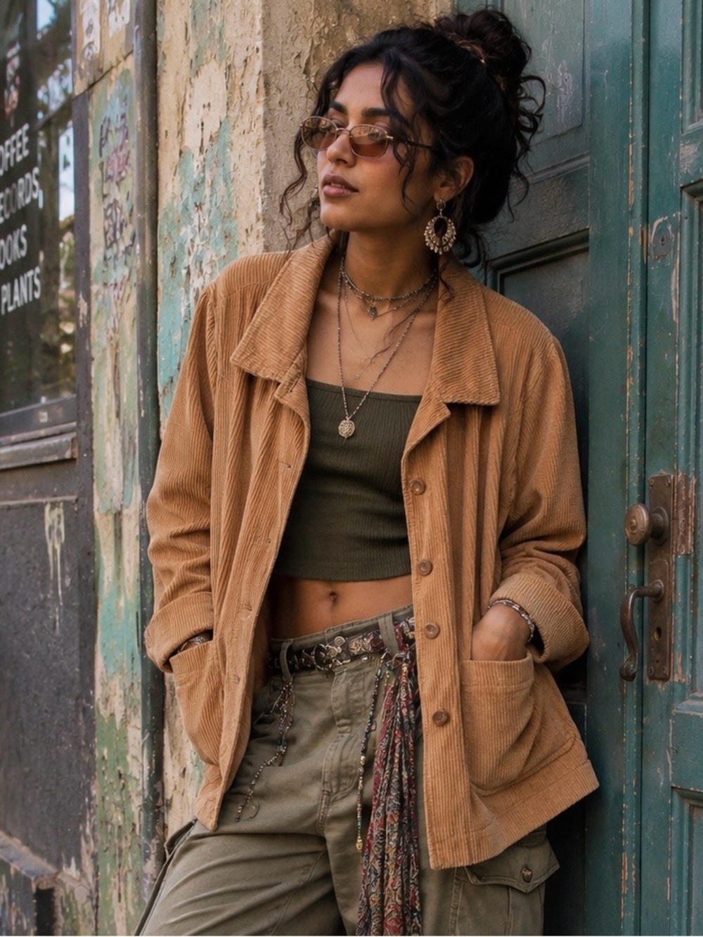 Boho Corduroy Jacket 100% Cotton Tan Beige Button-Front Hippie Western Shacket L